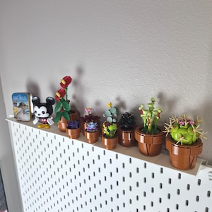 Puede incluir: Una colecci&oacute;n de peque&ntilde;as plantas de ladrillos de pl&aacute;stico para construir en macetas marrones, incluyendo un cactus, una planta carn&iacute;vora y varias suculentas, junto a una figura de Mickey Mouse y una lata rectangular con una imagen de Saint-Michel.