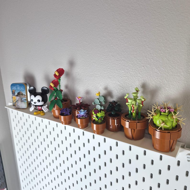 Puede incluir: Una colecci&oacute;n de peque&ntilde;as plantas de ladrillos de pl&aacute;stico para construir en macetas marrones, incluyendo un cactus, una planta carn&iacute;vora y varias suculentas, junto a una figura de Mickey Mouse y una lata rectangular con una imagen de Saint-Michel.