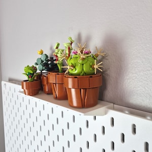 Puede incluir: Una colecci&oacute;n de cuatro peque&ntilde;as plantas en maceta construidas con bloques de construcci&oacute;n de pl&aacute;stico. Las plantas presentan varios tonos de verde, amarillo y rosa, alojadas en macetas cil&iacute;ndricas marrones sobre un estante de pared blanco.