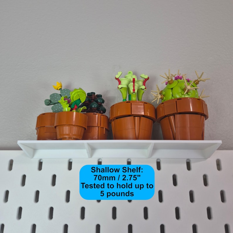 Puede incluir: Un estante poco profundo blanco montado en un tablero perforado blanco, con una etiqueta azul que dice Shallow Shelf: 70mm / 2.75" Tested to hold up to 5 pounds. Tres macetas de pl&aacute;stico marr&oacute;n con plantas de bloques verdes sobre el estante.