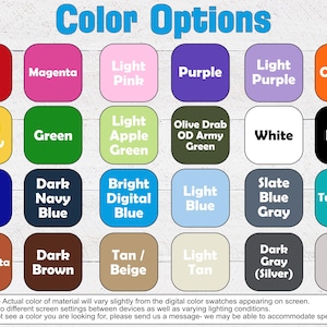 Puede incluir: Una carta de colores titulada Color Options que presenta veinticuatro muestras cuadradas redondeadas en varios tonos, incluyendo rojo, magenta, rosa, morado, naranja, amarillo, verde, oliva, blanco, negro, azul, marino, turquesa, marr&oacute;n, beige y gris.
