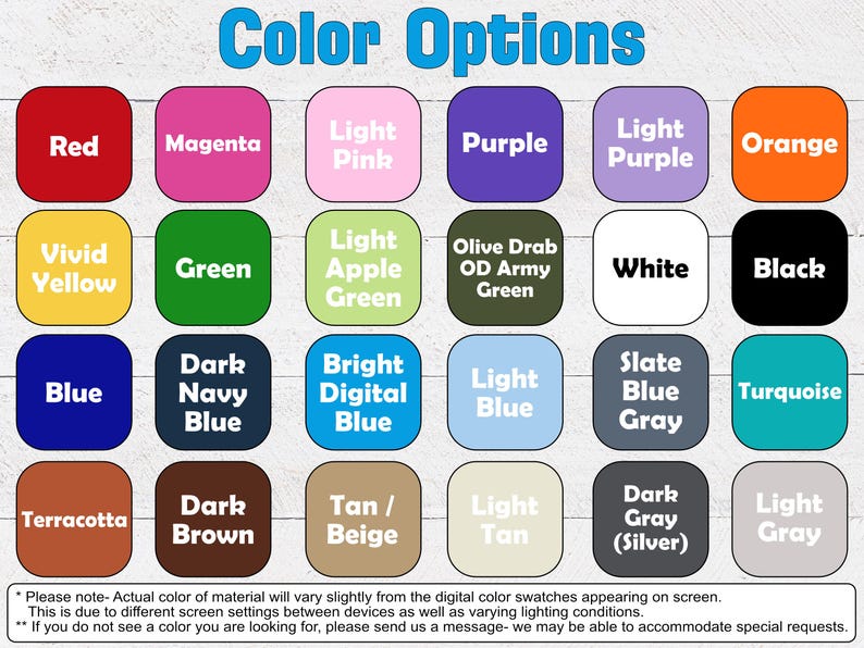 Puede incluir: Una carta de colores titulada Color Options que presenta veinticuatro muestras cuadradas redondeadas en varios tonos, incluyendo rojo, magenta, rosa, morado, naranja, amarillo, verde, oliva, blanco, negro, azul, marino, turquesa, marr&oacute;n, beige y gris.