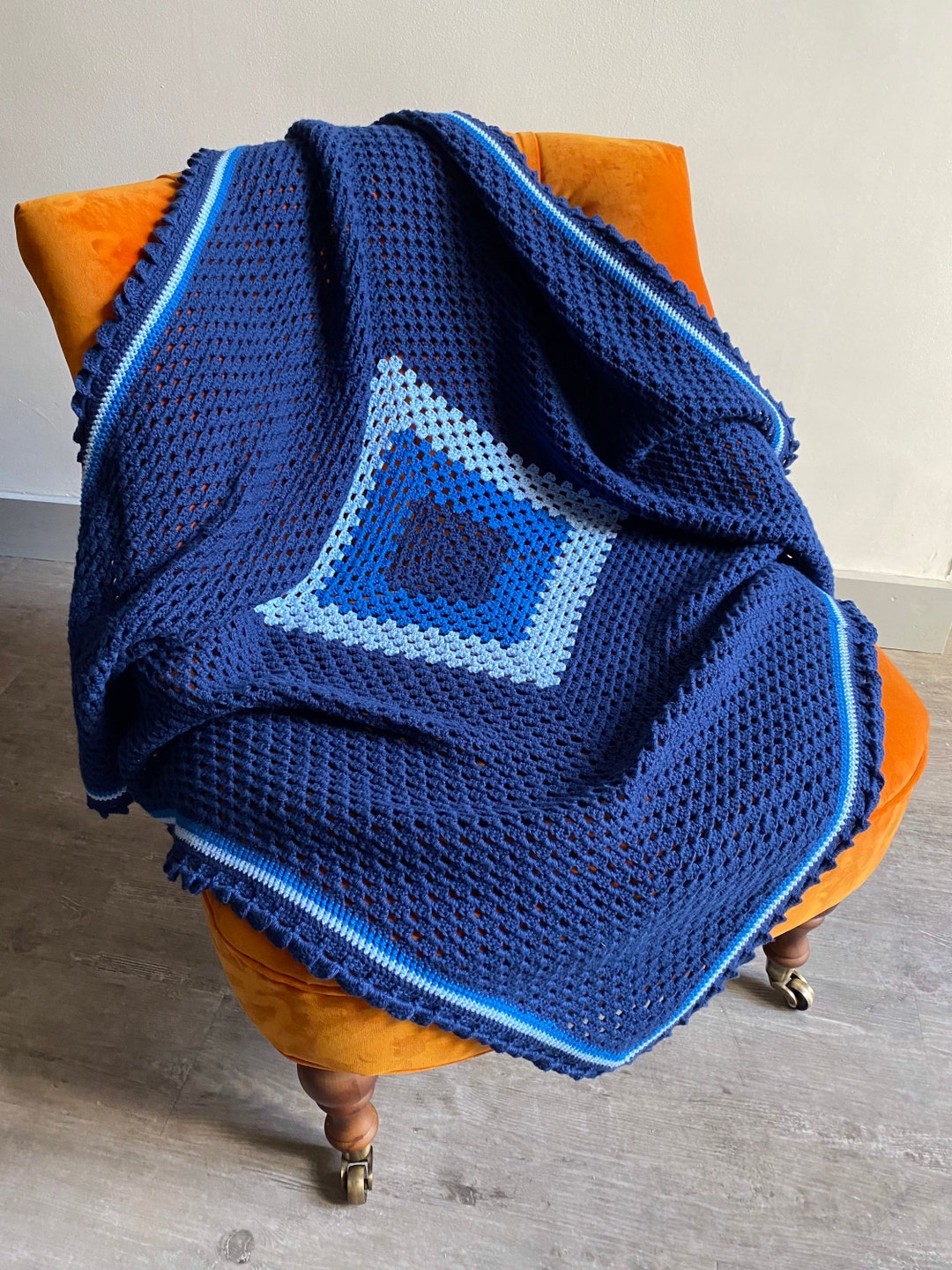 Wavelets Crochet Blanket, Granny Square Blanket, Blue Cotton Blanket