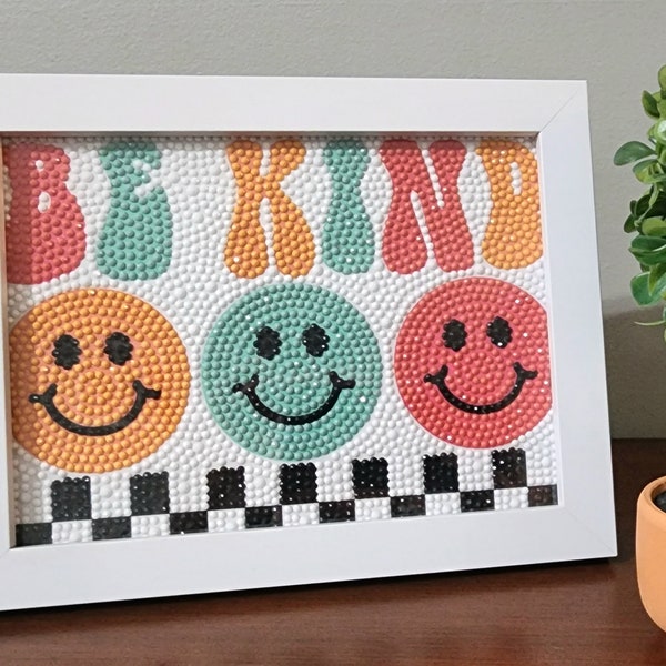 Be Kind Retro Smiley Face Diamond Painting Art Kit con marco DIY adultos y niños