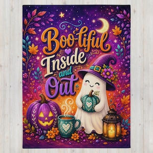May include: A rectangular throw blanket featuring a purple and orange gradient background with stars and a crescent moon. The text reads Boo-tiful Inside and Out. A white ghost wears a purple witch hat, holding a teal pumpkin near a lantern.
