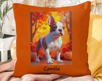 French Bulldog Red & Pied Coat Pillow - Indoor Outdoor Dog Cushion, Personalized Frenchie Gift