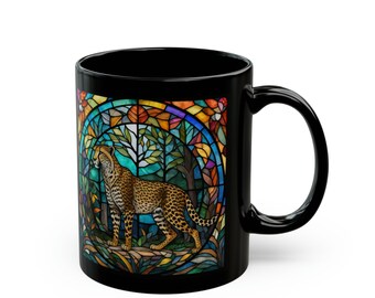 Cheetah - Stained Glass Zoo Animals Ceramic Black Mug