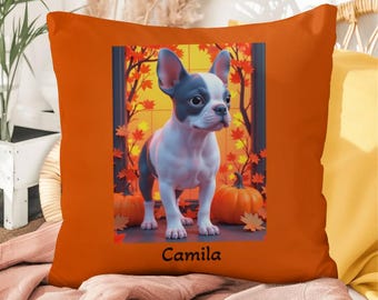 French Bulldog Blue & Pied Coat Pillow - Personalized Indoor Outdoor Dog Cushion, Frenchie Accent