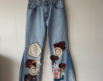 Handgemaakte geüpcycled jaren 70 patchworkjeans