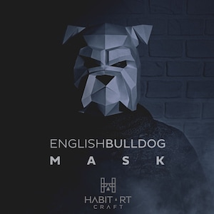 3d Bulldogge Maskenvorlage mit Maskenhalter. 3D Hunde Maske Papiermodell, DIY 3D Englisch Bulldogge Papiermaske, Cosplay PDF Schnittmuster Ideen Tiermaske