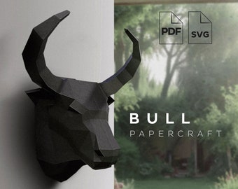 Bull Head on Wall Paper Sculpture Papercraft Model Template, Big 3d Bull DIY Pattern For Paper. Home Decor gift, gift for father or boyfrend