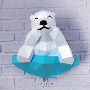3d Polar Bear with ice floe Papercraft pattern, bear 3d model template DIY low poly arctic animal wall decor, digital pattern for papercraft