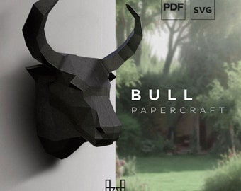 Bull Head on Wall Paper Sculpture Papercraft Model Template, Big 3d Bull DIY Pattern For Paper. Home Decor gift, gift for father or boyfrend