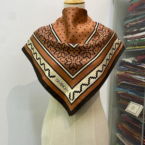 Vintage Givenchy Silk Scarf – Geometric Pattern, Brown & Black Square Design, Luxury Designer Accessory Vintage Silk Scarf