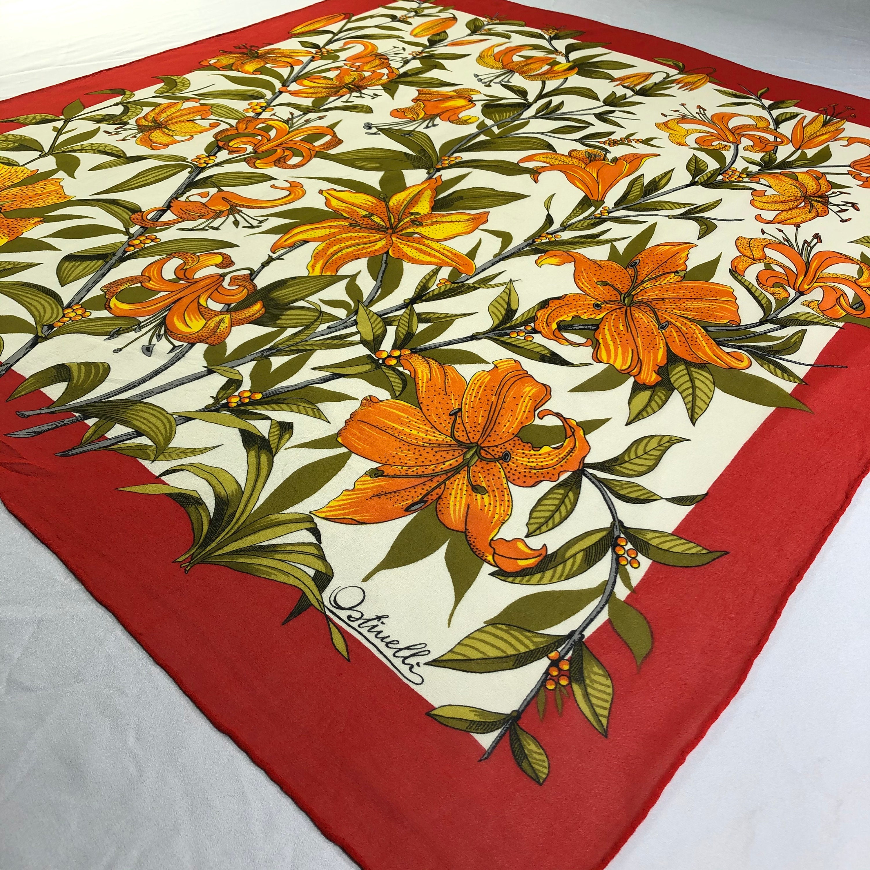 Foulard En Soie Pure OSTINELLI Vintage - 86x86 Cm - Bords Gris Clair - Écharpe Légère Et élégante