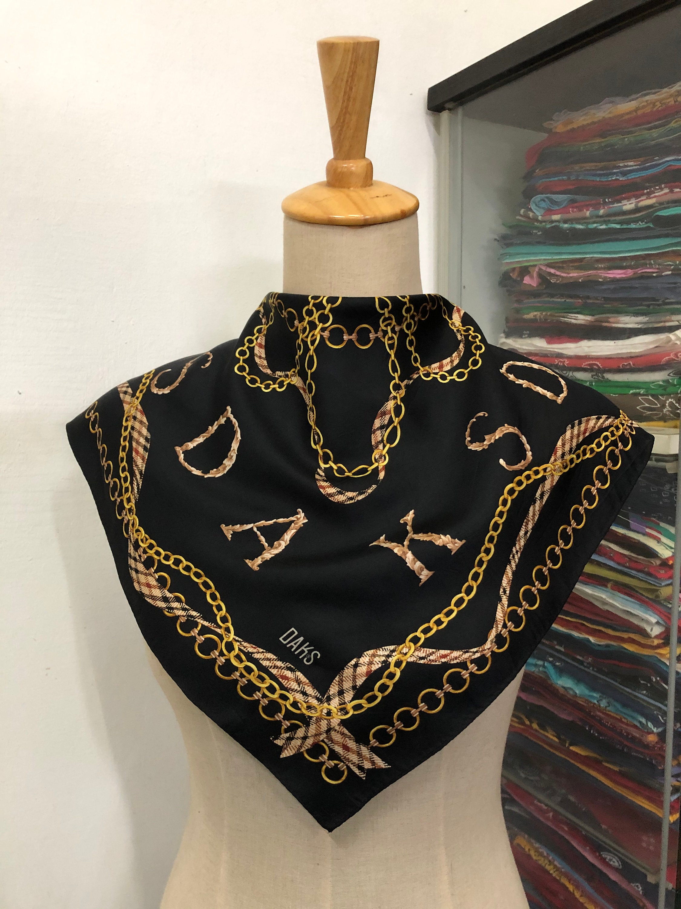 ◇DAKS◇ [SILK 100%]Black DD DAKS Long Skinny Silk Scarf DCS Royal Silk Dashing Black Silk Aviator Scarf Pure 100% Silk