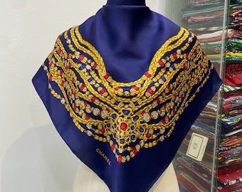 Vintage Chanel Silk Scarf , Chanel Silk Muffler, Vintage Chanel Shawl, Chanel Silk Neckerchief, Vintage Chanel Scarf, Chanel Paris Scarf