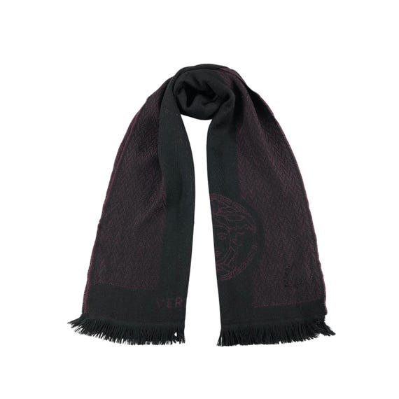 VERSACE ヘリンボーンマフラーメデューサ 黒/紫 Vintage Versace Scarf Muffler Versace Check Scarves Vintage