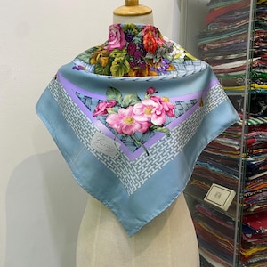 Vintage Gucci Silk Scarf Gucci Silk Muffler Gucci Neck Scarf Gucci Foulards Gucci Square Scarf Gucci Blue Scarf Gucci Flower Scarf