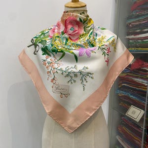 Vintage Gucci Silk Scarf Gucci Silk Muffler Gucci Neck Scarf Gucci Foulards Gucci Square Scarf Gucci Blue Scarf Gucci Flower Scarf