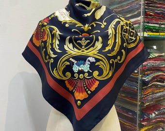 エルメス カレ45 スカーフ「KELLY EN PERLES」ブルー シルクスカーフ