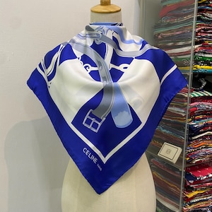 Vintage Celine Silk Scarf, Celine Silk Muffler, Vintage Celine Square Scarf, Vintage Celine Shawl, Celine Silky Scarf, Blue Celine Scarf