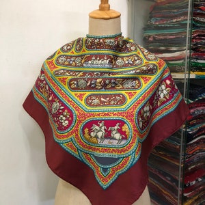 Vintage Hermes Silk Scarf , Hermes Qalamdan, Hermes Silk Scarf, Hermes Floral Silk Scarf, Red Hermes, Hermes Qalamdan Silk Scarf