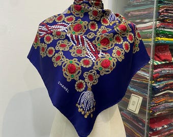 Vintage Chanel Silk Scarf , Chanel Silk Muffler, Vintage Chanel Shawl, Chanel Silk Neckerchief, Vintage Chanel Scarf, Chanel Paris Scarf