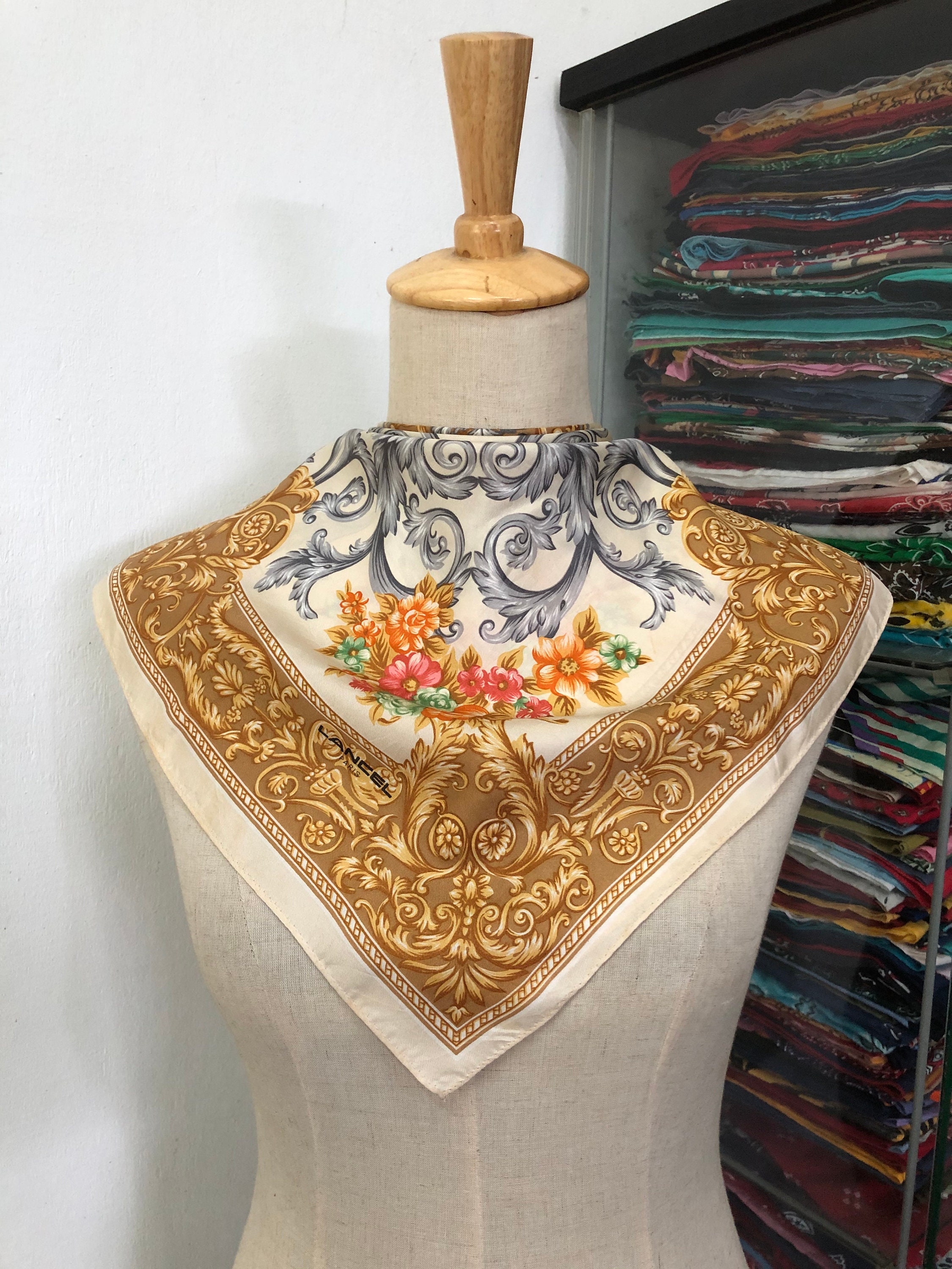 Foulard Vintage Années 30-40 En Laine Noire - Motif Géométrique Bohème - Occasion Bon état