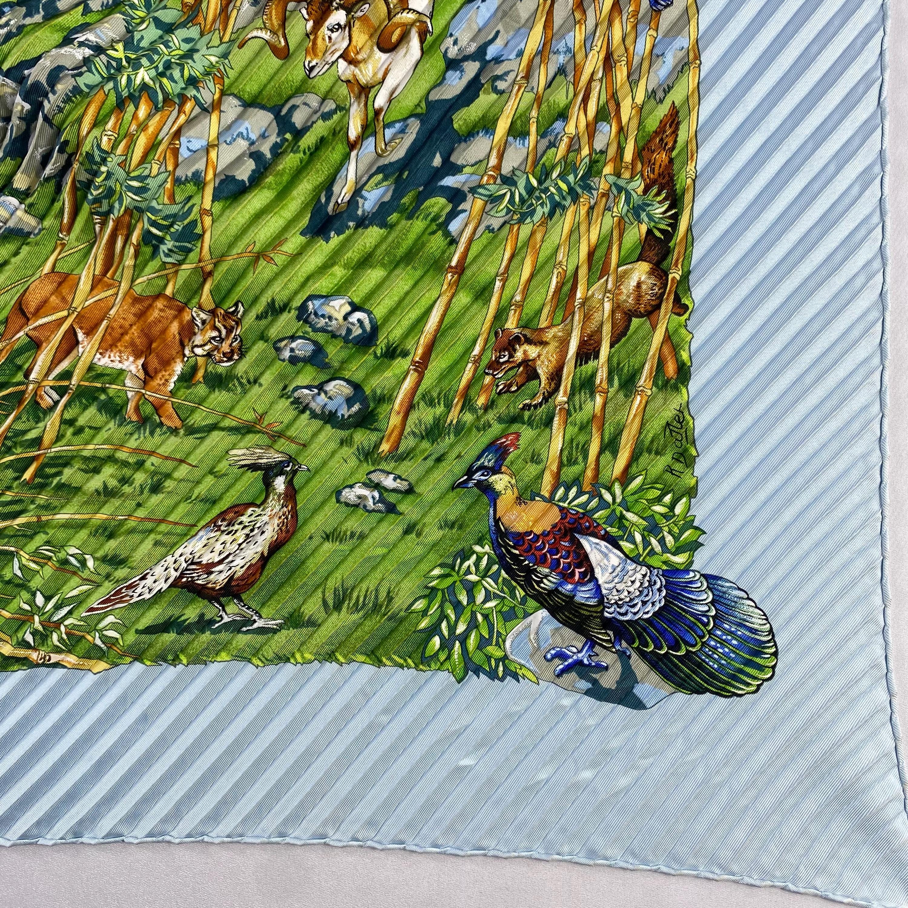Vintage Hermes Sichuan Pleated Silk Scarf, Hermes Blue Scarf, Pink