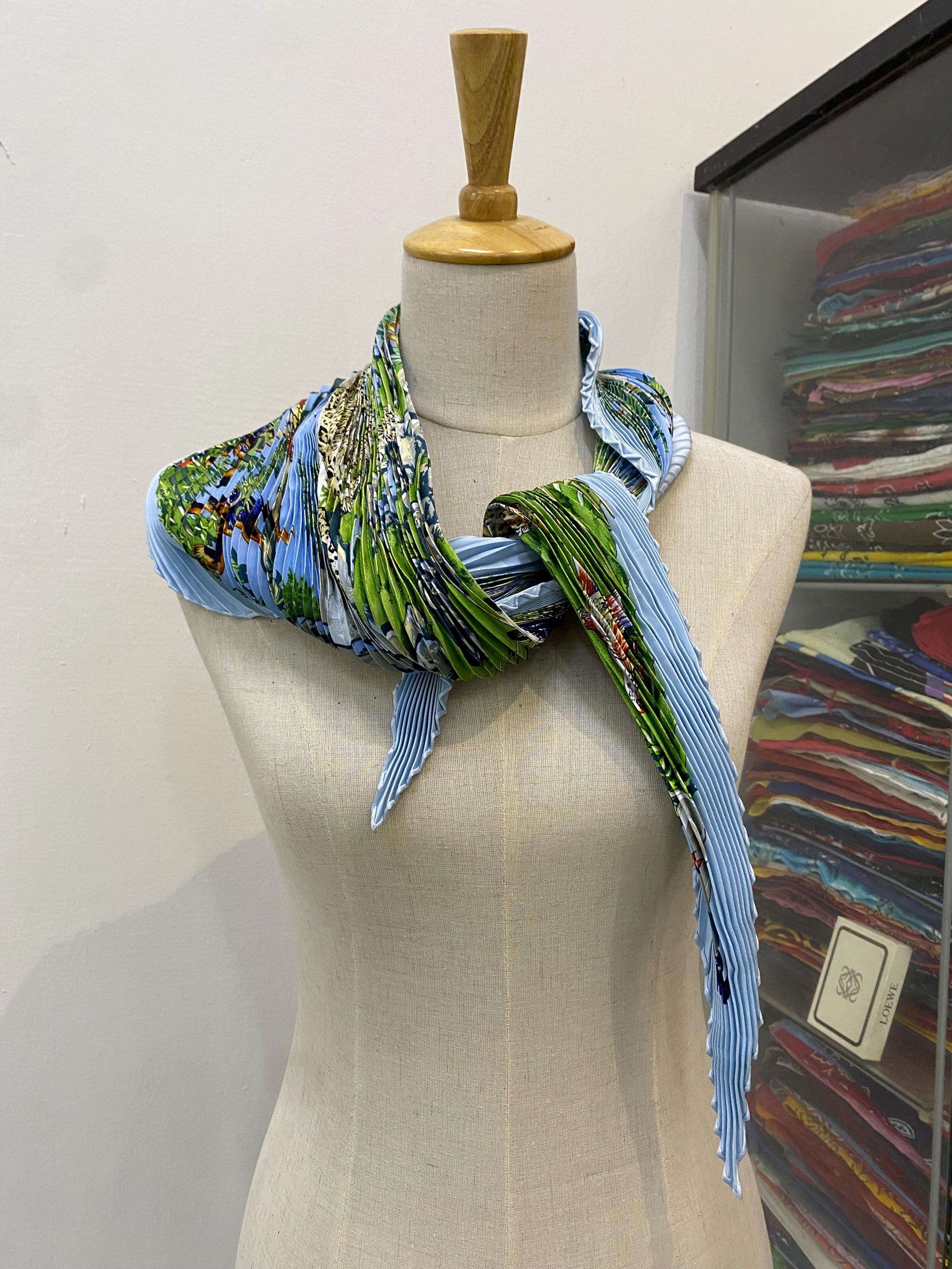 Vintage Hermes Sichuan Pleated Silk Scarf, Hermes Blue Scarf, Pink
