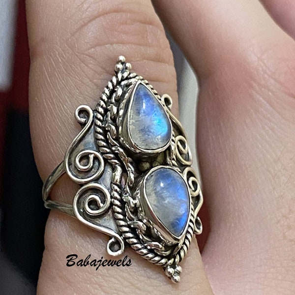Moonstone Ring, 925 Sterling Silver Ring, Double Moonstone Ring, Band Ring, Handmade Ring, Statement Ring, Meditation Ring, Gift Her, ZA13