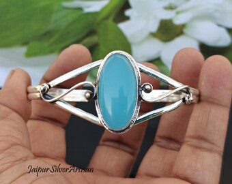 Handmade Aqua Chalcedony Sterling Silver Bangle Bracelet