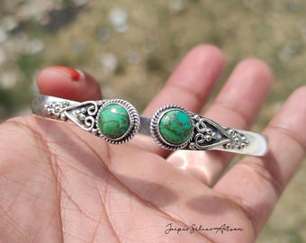 Green Copper Turquoise Bangle - 925 Sterling Silver Boho Bracelet - Handcrafted Women's Jewelry