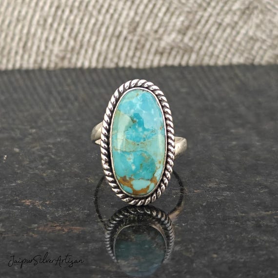 Handmade Kingman Turquoise Ring: Oval Sterling Silver Bohemian Jewelry