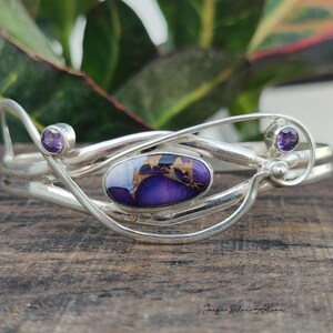 Bracelet jonc turquoise dahlia violet, bijoux améthyste en argent sterling 925, bracelet manchette tendance bohème fait main pour elle