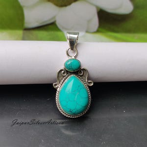 Double Turquoise Pendant,, Gemstone Pendant,, Blue Gemstone Pendant,, 925 Sterling Silver Jewelry,, Turquoise Jewelry,,  Free Shipping