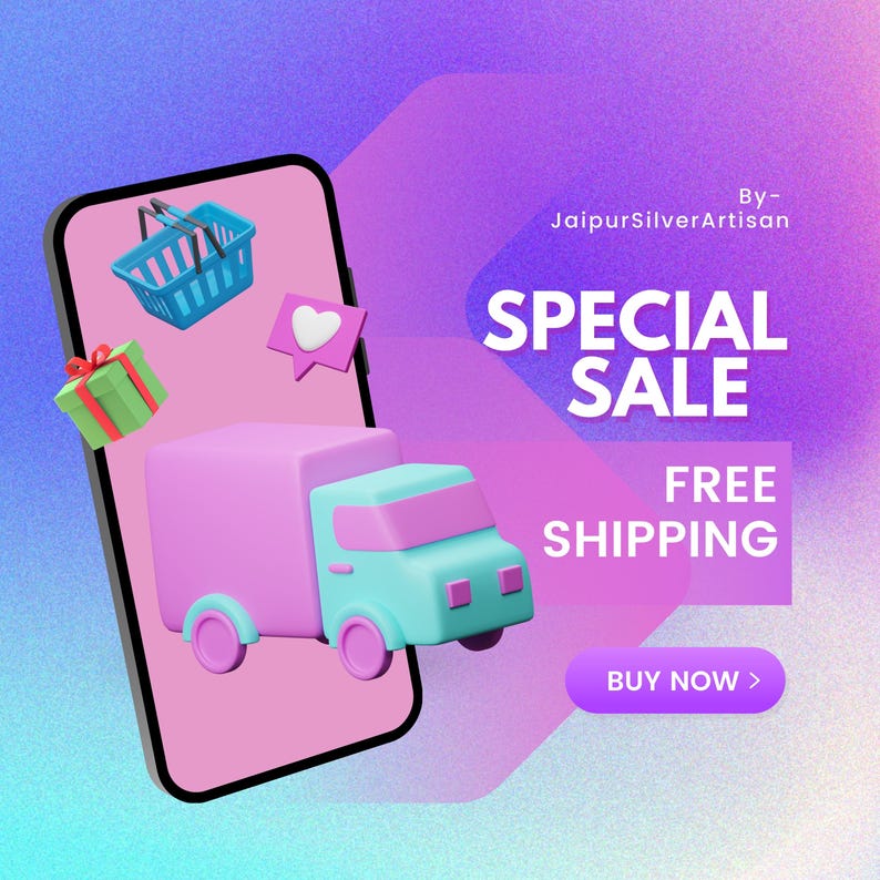 May include: A digital illustration of a smartphone with a pink screen. A blue shopping basket, a green gift box, and a pink heart icon float above the phone. A pink and blue delivery truck is on the screen. Text reads "SPECIAL SALE" and "FREE SHIPPING".