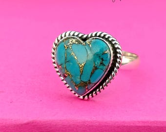 Blue Copper Turquoise Heart Ring: 925 Sterling Silver Promise Ring