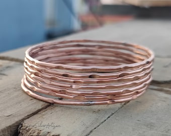 Hammered Solid Copper Bangle Set 7 - Stackable Boho Bracelets
