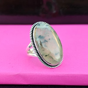Big Oval Natural Prehnite Gemstone Ring - Prehnite Sterling Silver Jewelry - Designer Gift Ring - Women Promise Ring - Natural Stone Ring