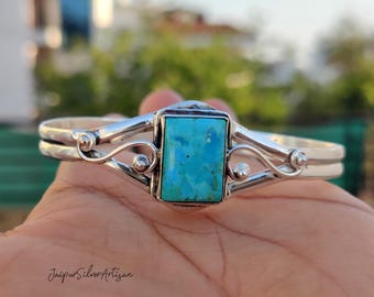 Kingman Turquoise Sterling Silver Bangle: Handmade Boho Bracelet