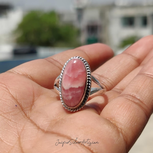 Rhodochrosite Gemstone Ring: Handcrafted 925 Sterling Silver Promise Ring