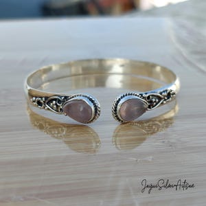 Excellent Teardrop Rose Quartz Bracelet.. Adjustable Open Cuff Bracelet.. Rose Quartz  Bangle Jewelry.. Sterling Silver Women Gift Bangles..