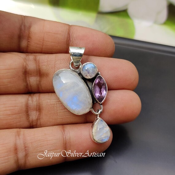 Collier Artisanal En Argent 925 Avec Améthystes Et Pierres De Lune - Longueur 48 Cm