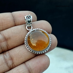 Round Amber Pendant, 925 Silver Jewelry, Amber Jewelry, Handmade Pendant, Unique Pendant, Yellow Gemstone Pendant, Lovely Gifts Pendant