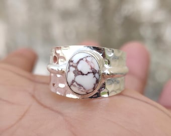 Wild Horse Jasper Ring: Hammered 925 Sterling Silver Boho Band
