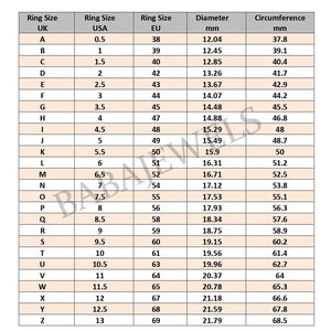 May include: Ring size conversion chart showing UK, USA, and EU ring sizes, plus diameter and circumference in mm. Sizes range from A (0.5 USA, 38 EU) to Z (13 USA, 69 EU). A handy guide for ring sizing.