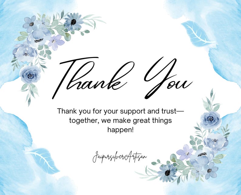 May include: A thank you card with a watercolour background in shades of blue. The words "Thank You" are written in elegant black script. Floral arrangements in blue and lavender surround the text. The card also includes a message of gratitude.