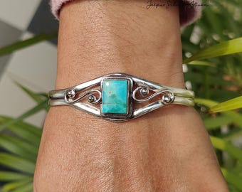 Handmade Kingman Turquoise Bangle, 925 Silver Gemstone Jewelry, Adjustable Cuff Bracelet